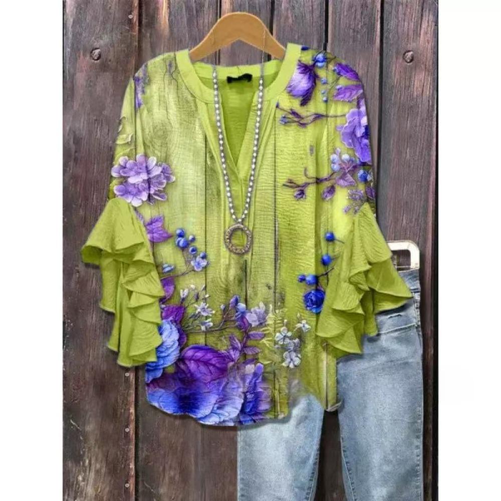 Large Women's Bohemian V-neck Shirt with Ruffle Sleeves, Grey Brown Floral Print Top, Casual Breathable Machine Washable Pullover