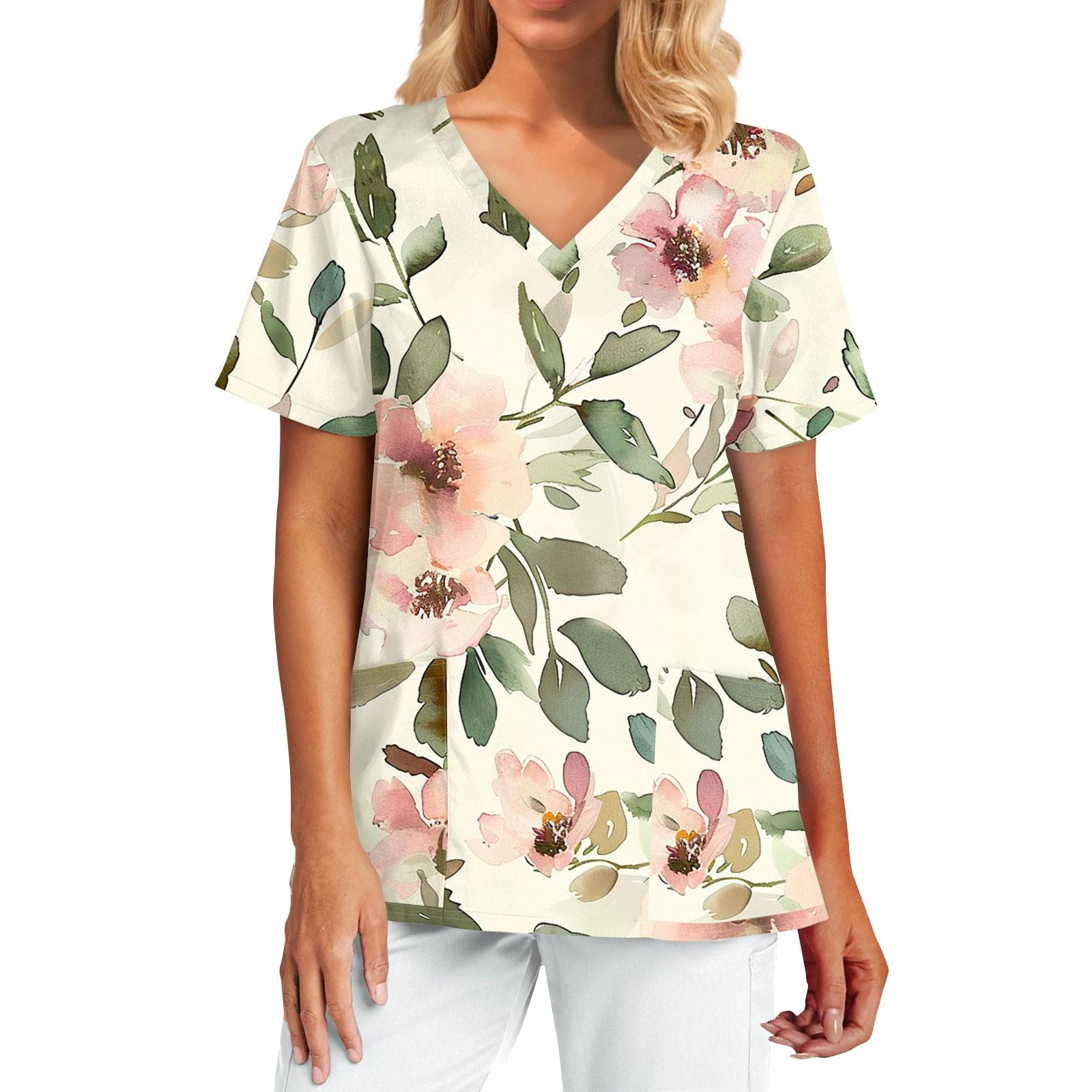 Women s Fashion Print Short Sleeve V Neck Pocket  Top L