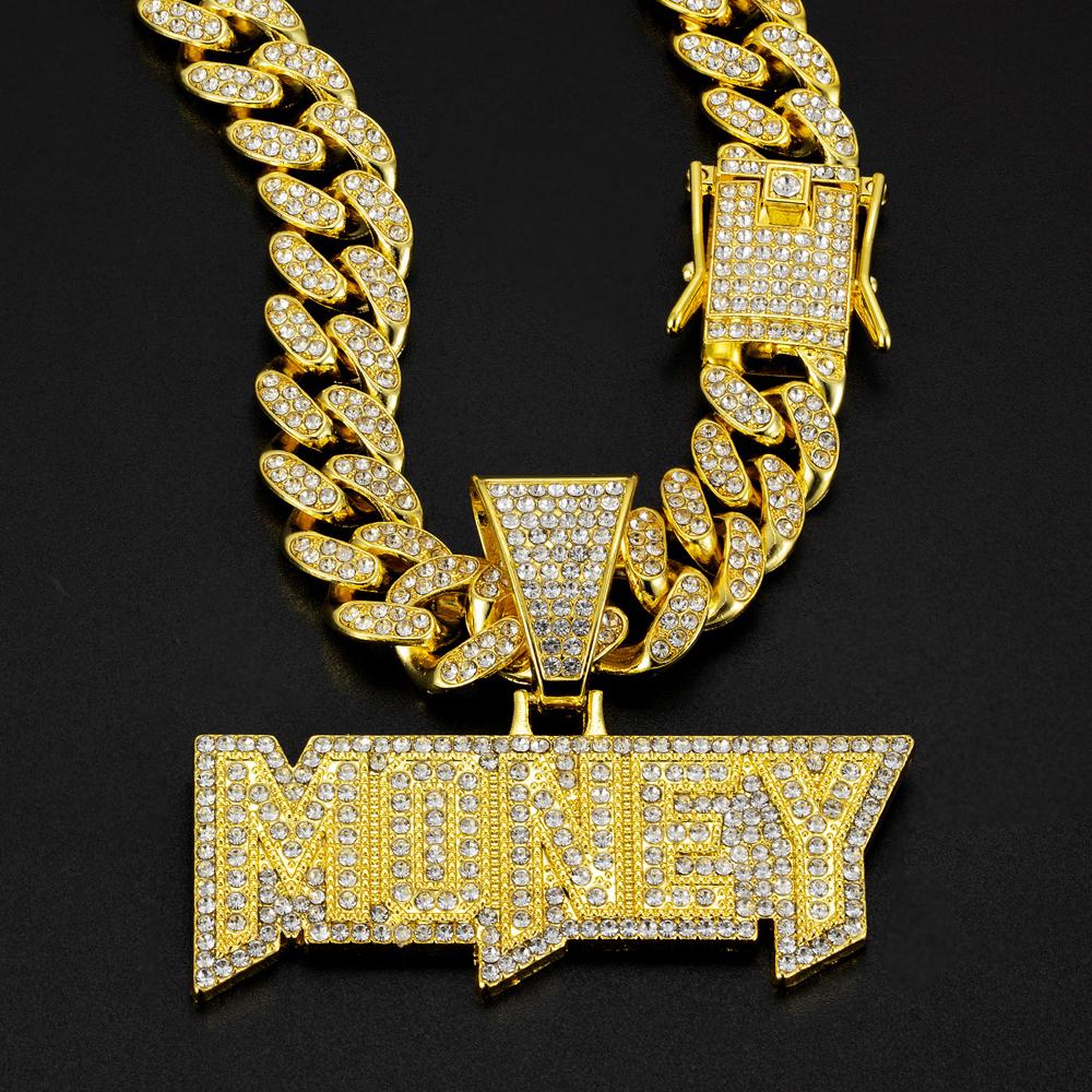 Men Women Hip Hop Money Letter  Pendant Necklaces 13MM Cuban Chain Iced Out Bling Alloy Rhinestone Hiphop Fashion Charm Jewelry