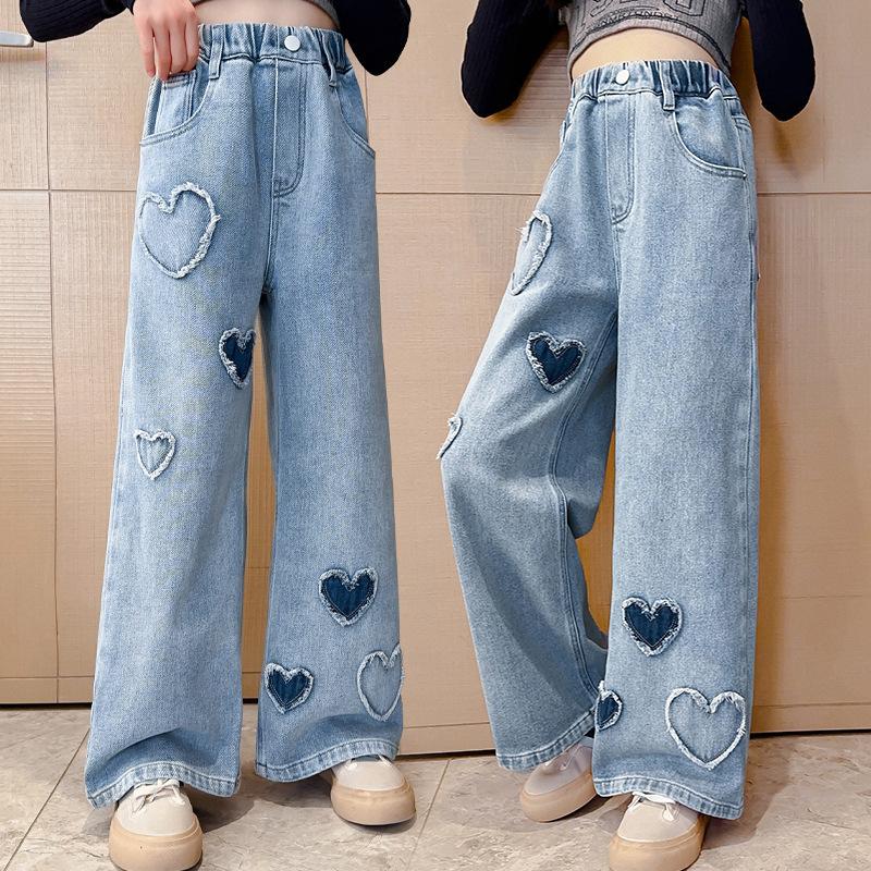 Girls' Heart Patch Jeans Spring Stylish Children's Korean Fashion Long Pants for Girls Spring and Autumn Outerwear Pants