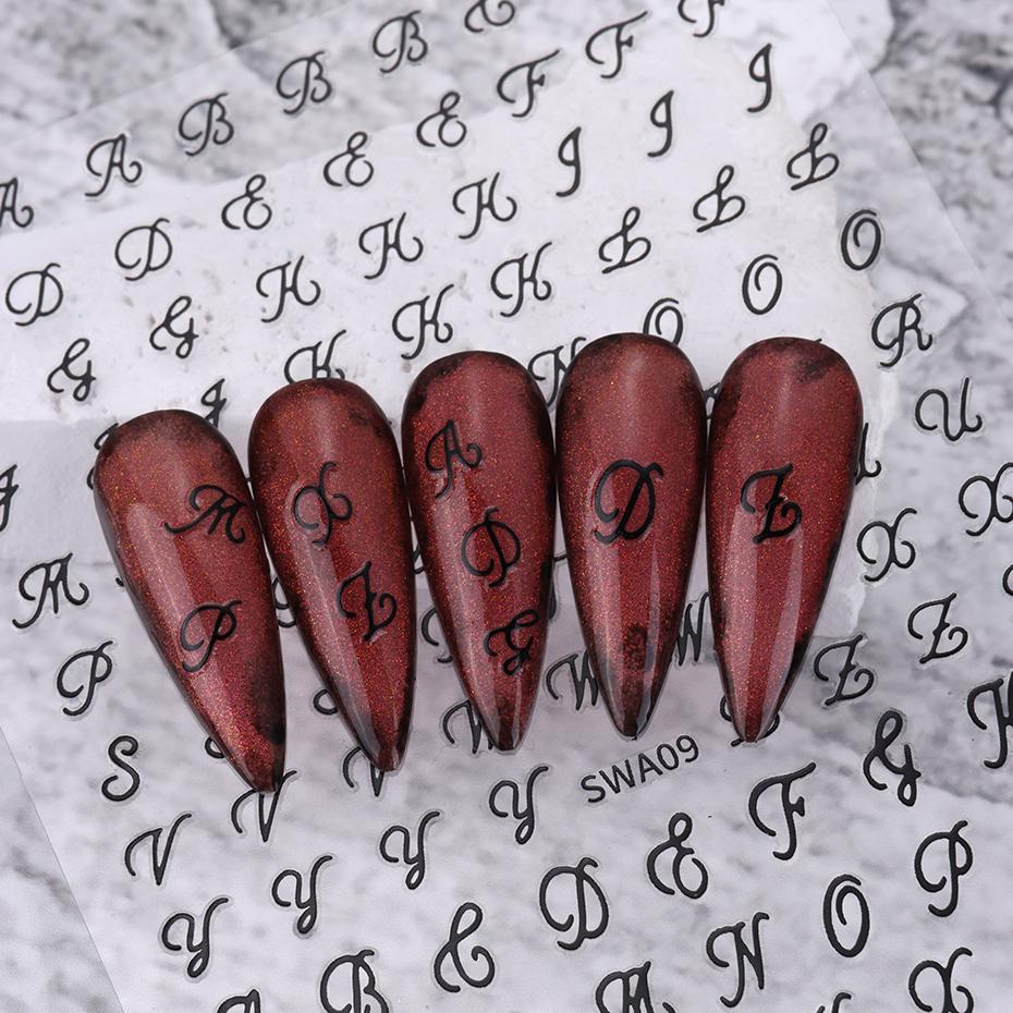 4pcs Roman Letter Nail Stickers Golden Silver Black White Alphabet Design Self Adhesive Decal English Words DIY Manicure Decor
