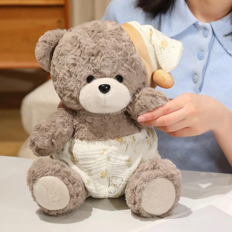 Brown Bear Plush Toy With Sleeping Cap Curly Fur Soft Fluffy Stuffed Animal Doll For Bedroom Home Decor Gift Collection Girl