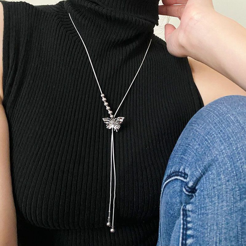 Butterfly Tassel Pull Necklace Women's Light Luxury Niche High-end Sense Collarbone Chain Sweet Cool Hot Girl Trend Versatile Neck Chain
