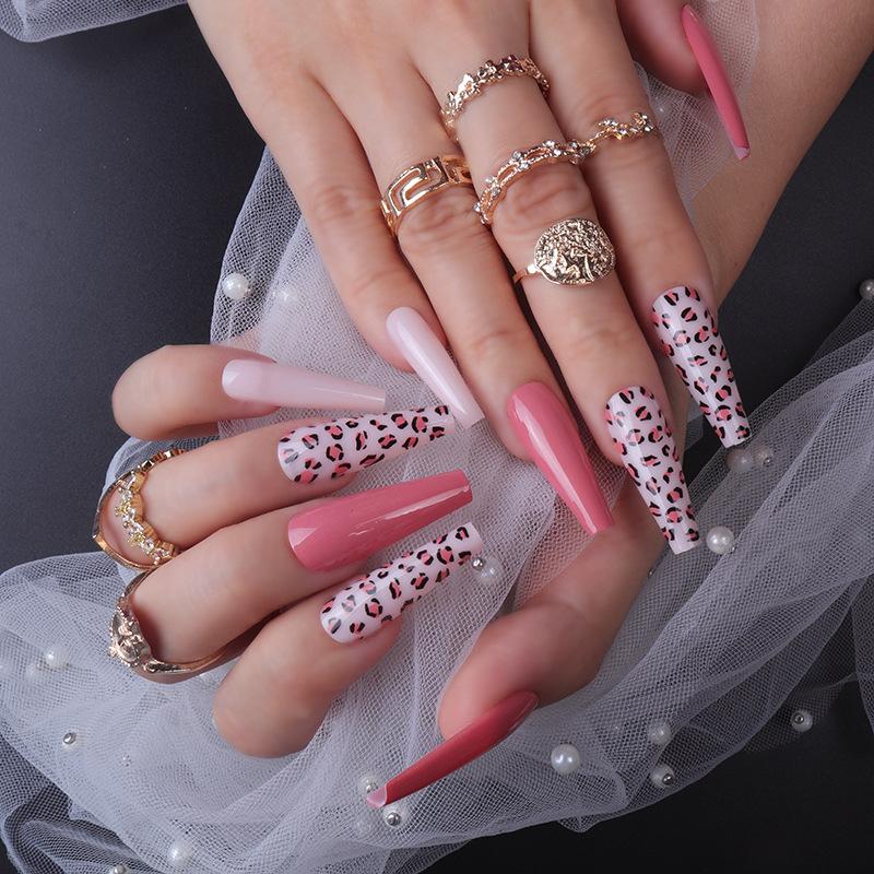 24 Stuks Herbruikbare Zelfklevende Nepnagels French Lang Ballet Roze Roos Contrast Lijn Press On Nagels