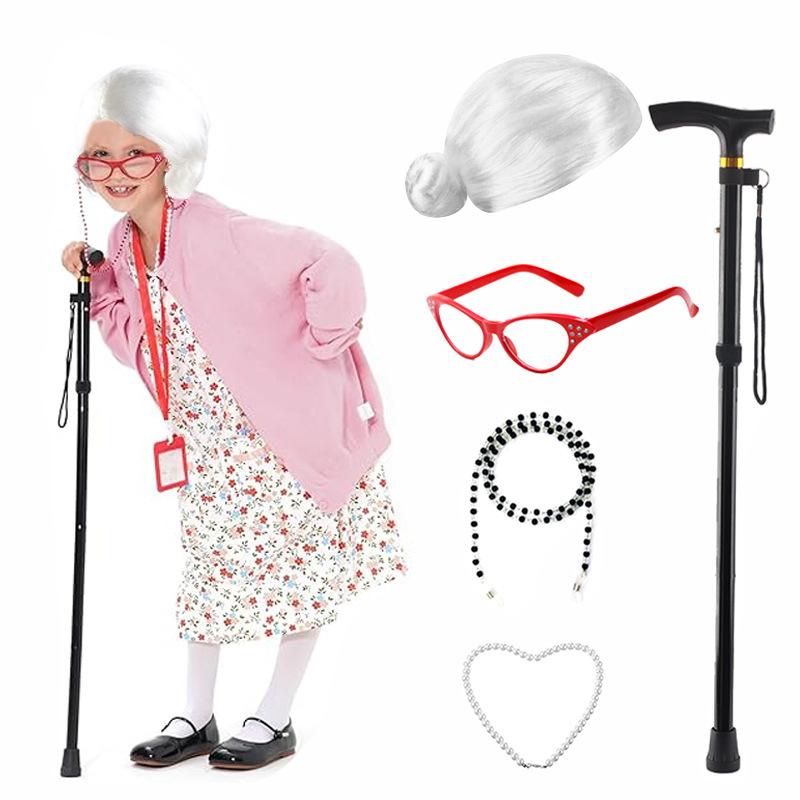 

Набір костюма старої леді з 5 предметів Костюм старого чоловіка Костюм бабусі для дітей Хелловін 1920-х Гетсбі Перука старої леді Костюм бабусі Set 4