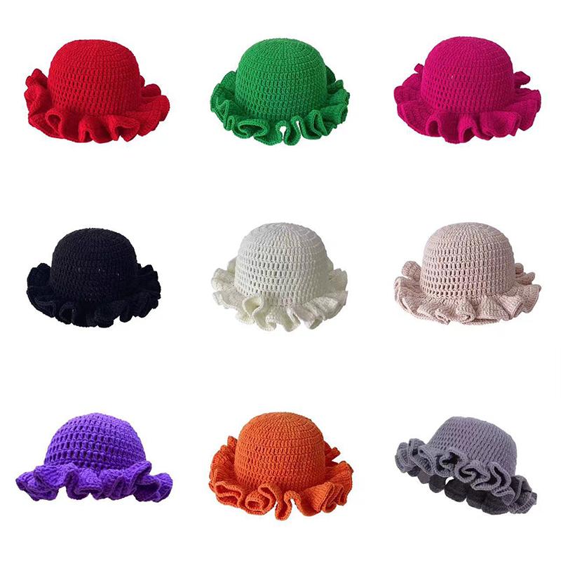 New Colorful Crochet Ruffle Brim Knit Bucket Hats Winter Woman Handmade Stretch Fisherman Cap Outdoor Warm Windproof Beanie Hat