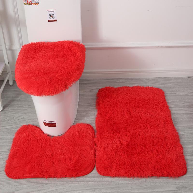 Inyahome 3pcs/set Plush Bathroom Bath Mats Set Anti Slip Toilet Rug and Toilet Lid Cover Soft Fluff Shower Carpet Floor Bath Mat
