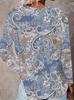 Women's Round Neck Long Sleeve T-Shirt Vintage Blue Paisley Floral Print Casual Loose Fit Tops