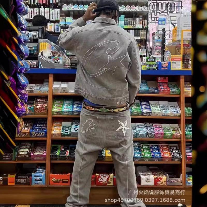 Mens Relaxed Fit Denim Jacket Pants Set Vintage Western Style Casual Outfit Gray Black