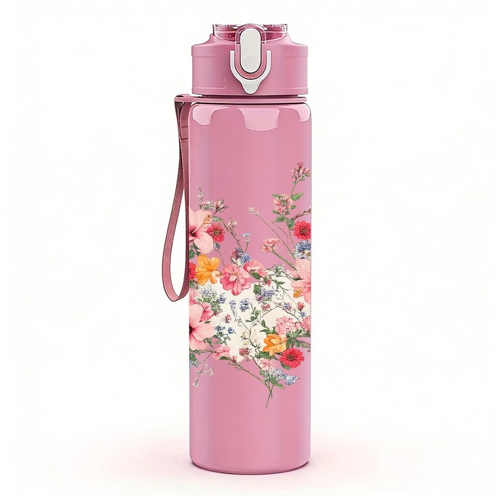 1PC Loose Soft Pastel Flower Cluster Print 750ml Color Plastic Sports Water Bottle Leakproof Flip Straw Lid Suitable for Sports Office Home Use