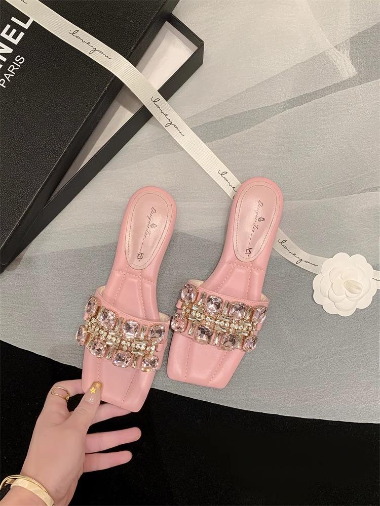 Fashion 2025 Summer Korean Version Water Diamond Low-heeled Flip-flops Genuine Leather Square-toed Women