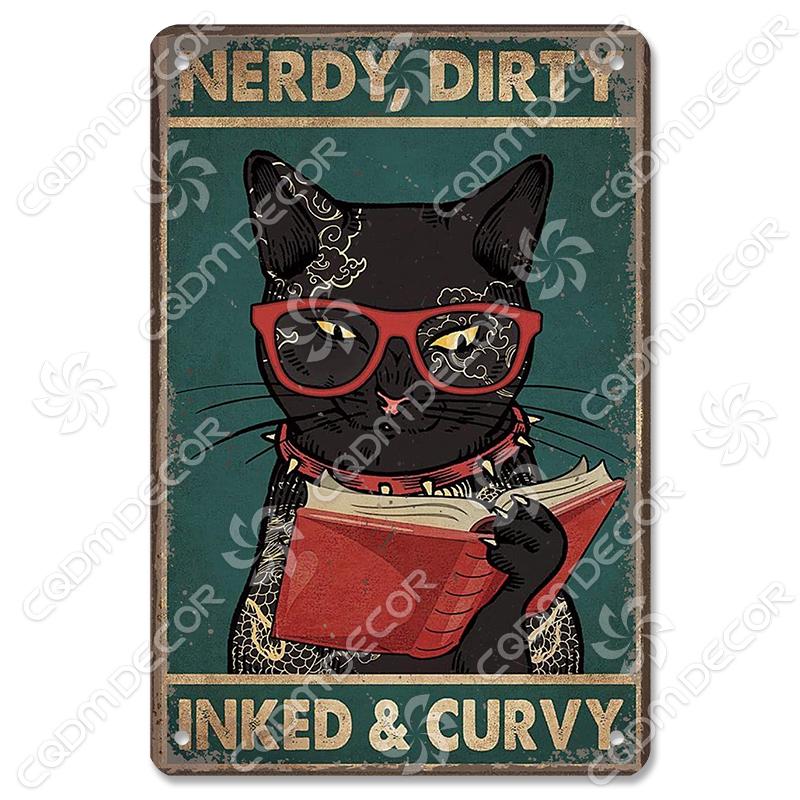 Black Cat Tin Sign Metal Plaque Read Books Drink Wine Pet Metal Poster Vintage Wall Decor for Coffee Shop Kitchen Bathroom Home