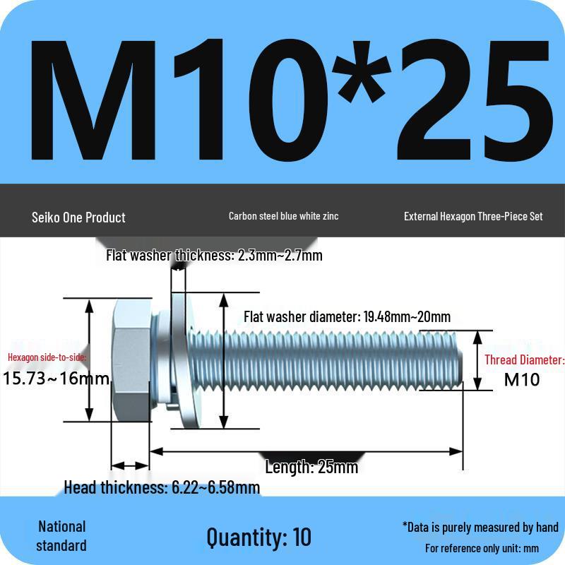 Grade 8.8 Galvanized Hex Bolt Set: Includes Hex Bolt, Spring Washer, Flat Washer (Sizes: M4, M5, M6, M8, M10, M12)