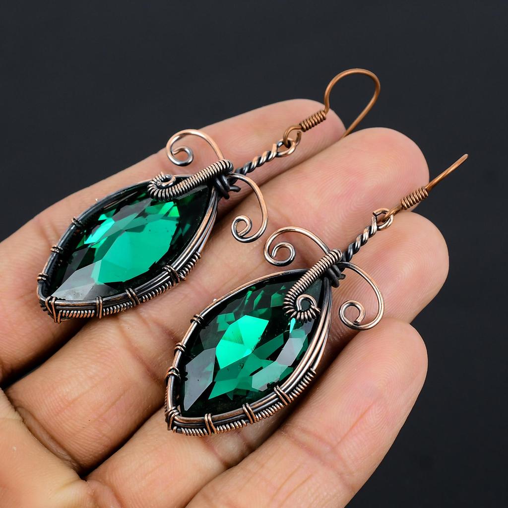Green Mystic Topaz 999 Copper Wire Wrapped Earrings, Handmade Gemstone Jewelry Earrings, For Memorial Day