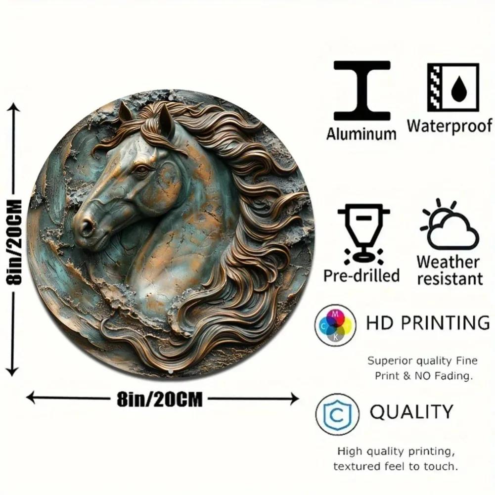 

Hisun Tin Sign Vintage D Effect Horse Head Round Tin Sign Retro Rustic Bronze Patina Equine Themed Metal Wall Art Plaque Waterproof Distress 20x20cm