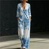 European and American Summer New Blue and White Tie-dye Gradual Change Diagonal Shirt Wide-leg Pants Two-piece Set Women's Casual Long-sleeved Suit