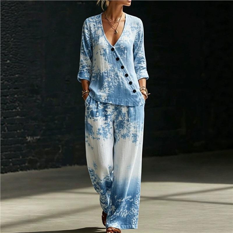 European and American Summer New Blue and White Tie-dye Gradual Change Diagonal Shirt Wide-leg Pants Two-piece Set Women's Casual Long-sleeved Suit