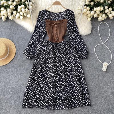 Spring French Style Long Sleeve Floral Dress Women Autumn Square Collar Bandage Contrast Ruffles Mid-Length Dresses