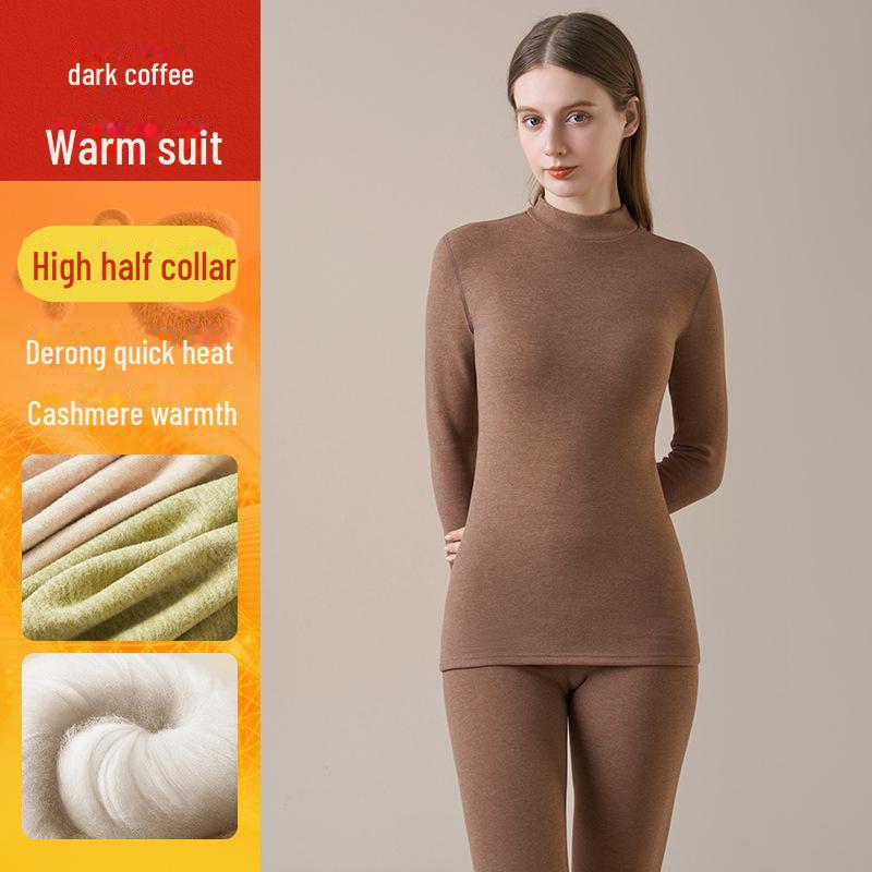 Set de lenjerie termică din mătase de cașmir pentru damă, cu guler mijlociu-înalt, catifea germană care absoarbe umezeala, plus fund de catifea, pentru toamnă și iarnă.