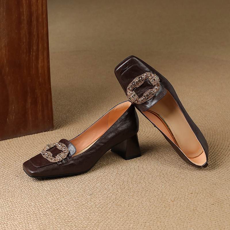 Krazing Pot Vintage Sheepskin Summer Autumn Thick High Heels Party Shoes Women Square Toe Crystal Buckle Wedding Pumps