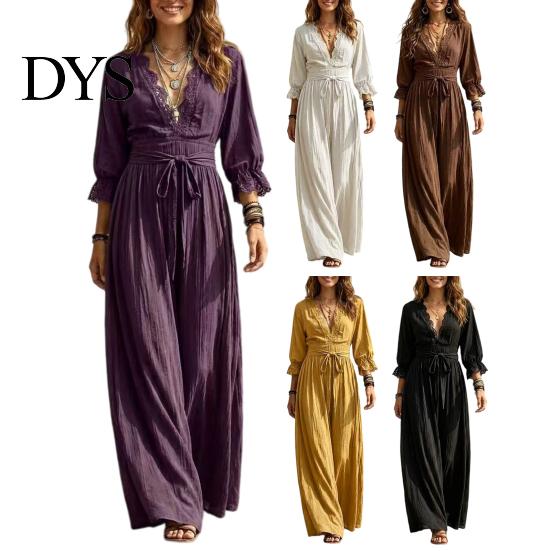 Solid Color Lace Dress Women V-Neck for Fall, 3/4 Sleeves Maxi with V Neck Belt, Loose Casual Long Vacation Daily Wear Belt