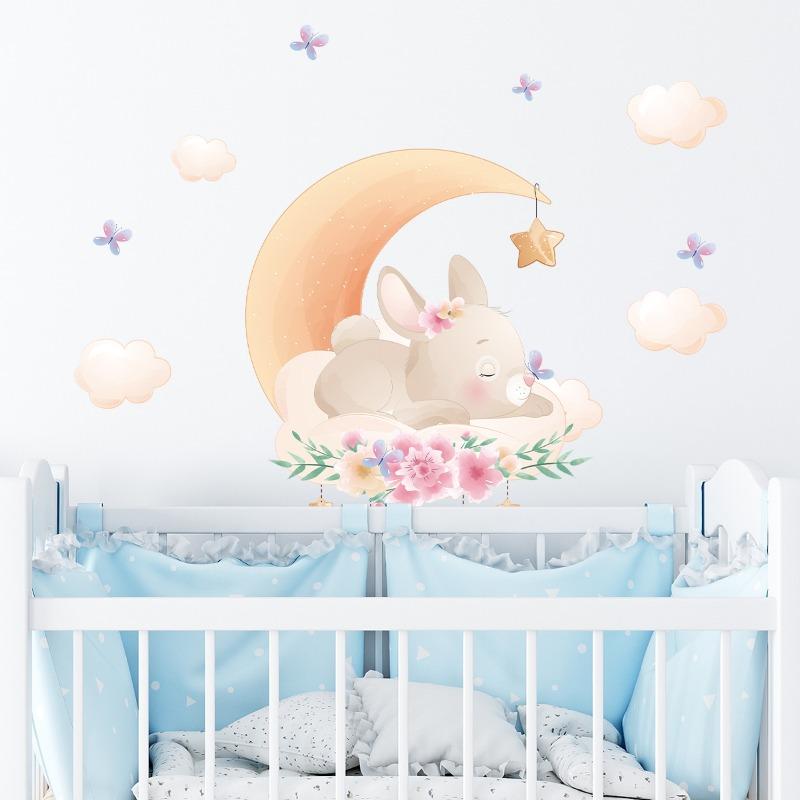 Cartoon Cute Animals Moon Cat Rabbit Wall Stickers for Kids Room Background Bedroom Decoration Girls Home Decor Living Room