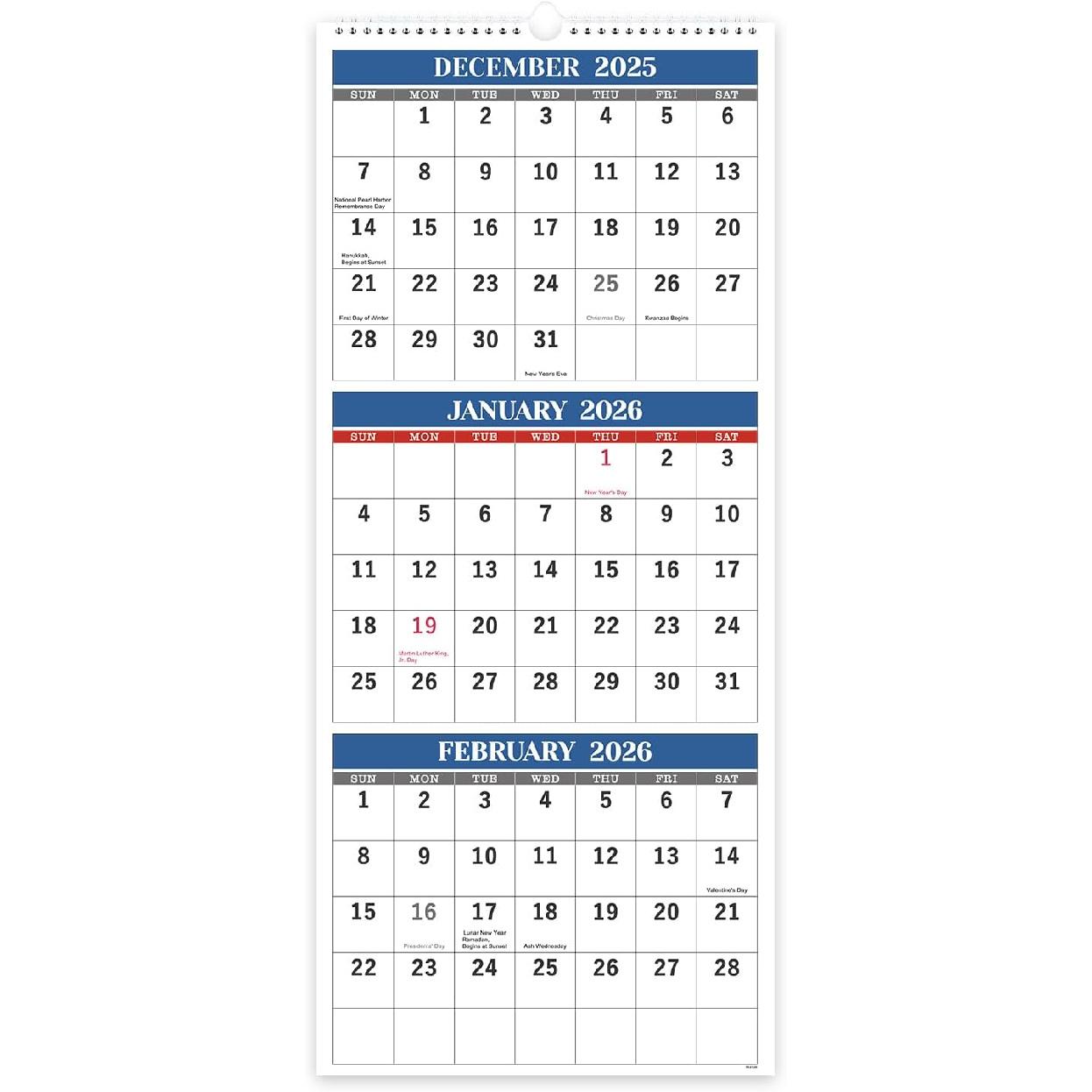2026 Wall Calendar - 3 Month Wall Calendar Vertical 2026 (Folded in a Month), Dec.2025 - Jan.2027, 11  x 26 , Calendar 2026, 3-Month Display Calendar