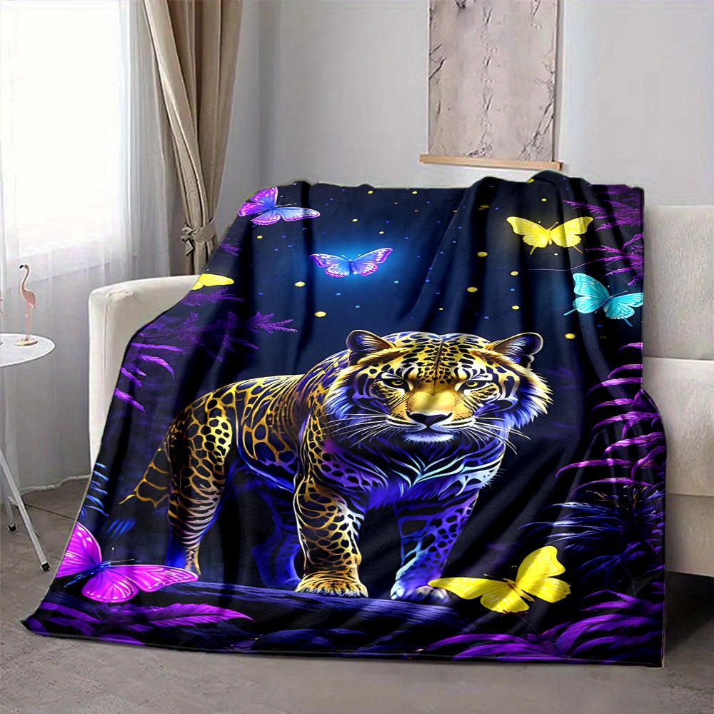 1pc Neon Jaguar Print Blanket - Lightweight Flannel Fleece with Digital Printing, Soft Warm for Sofa, Travel, Camping, Office Yy251018265