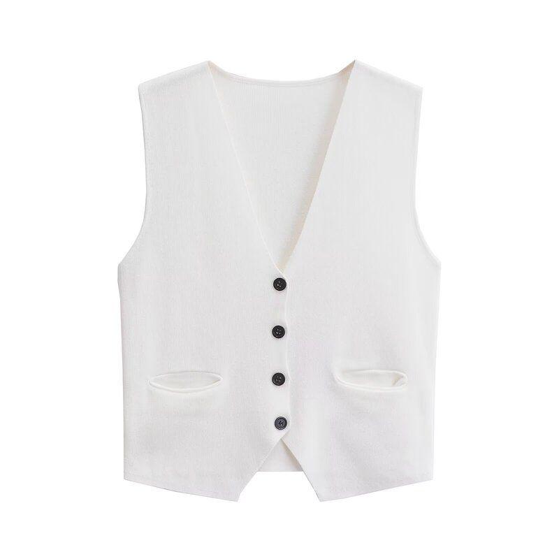 Fashion Style 2024 Autumn New Women's Clothing White Easiest for Match Knitting Sleeveless V-neck Cardigan Top 2142105