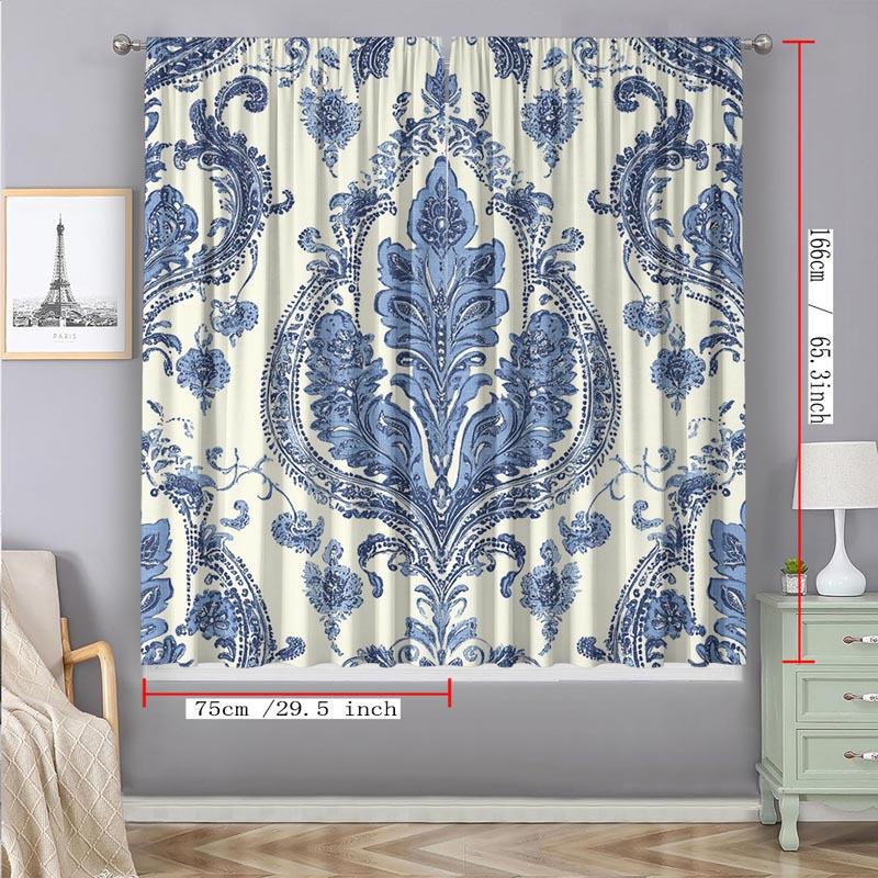 Klassisches Blau-Weiß Paisley Damast Gardinen Set 2 Stück Stangentasche Lichtfilternde Vorhänge für Wohnzimmer Schlafzimmer