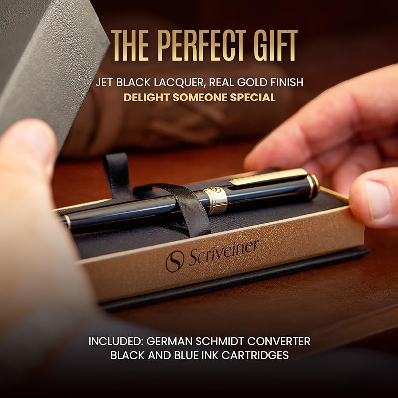Scriveiner Black Lacquer Fountain Pen, a premium fountain pen with a captivating 24K gold finish.