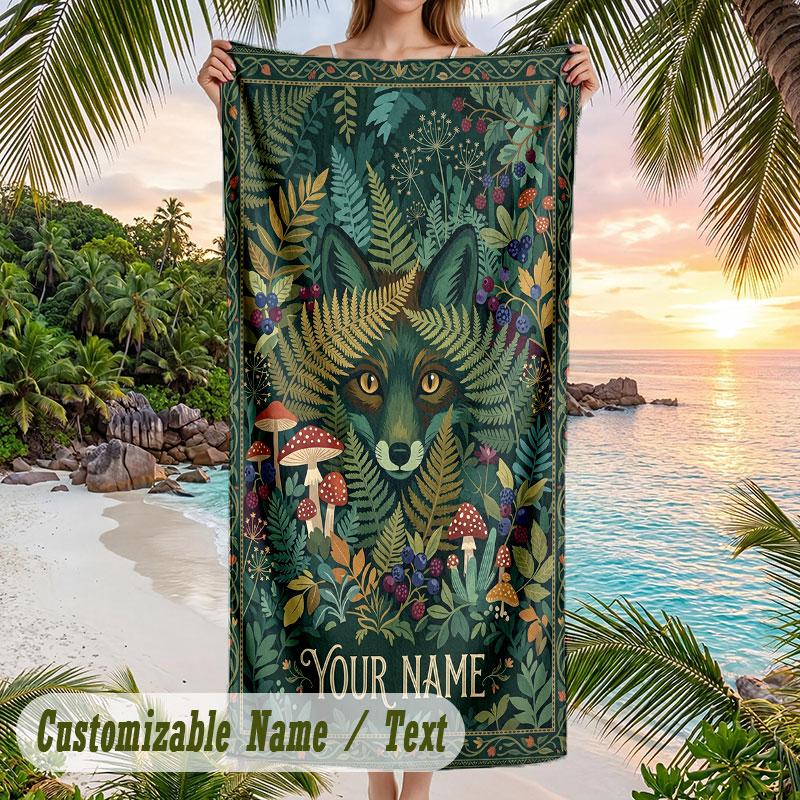 Forest Fox Fantasy Theme Quick Dry Beach Towel Custom Name Text Print Large Sand Resistant Towel Beach Vacation