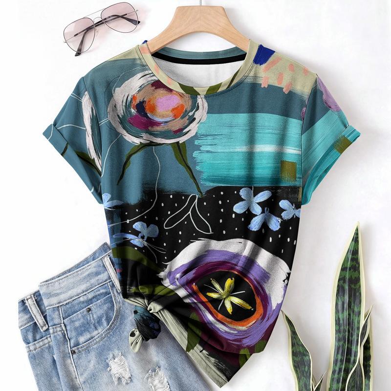 

Летняя футболка с круглым вырезом, короткими рукавами и абстрактным узором с 3D-принтом, художественная, легкая, повседневная и модная женская футболка XS
