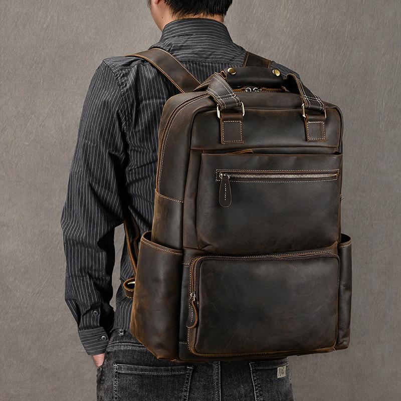 Vintage Crazy Horse Leather Backpack Multifunctional Travel Bag Men'S Leather Handbag Large Capacity Cowhide Backpack