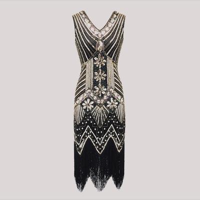 Vintage Sequins Beaded Tassel Dresses Evening Gowns Toast Dresses Banquet Party Small Gowns Dresses Bridesmaid Sleeveless Dresses