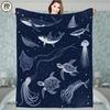 1pc Soft & Cozy Flannel Blanket - Oceanic Sea Creatures Print with Whale Shark, Manta Ray, Octopus, Turtles & Jellyfish - Dark B