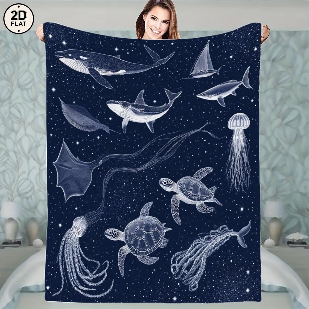 1pc Soft & Cozy Flannel Blanket - Oceanic Sea Creatures Print with Whale Shark, Manta Ray, Octopus, Turtles & Jellyfish - Dark B