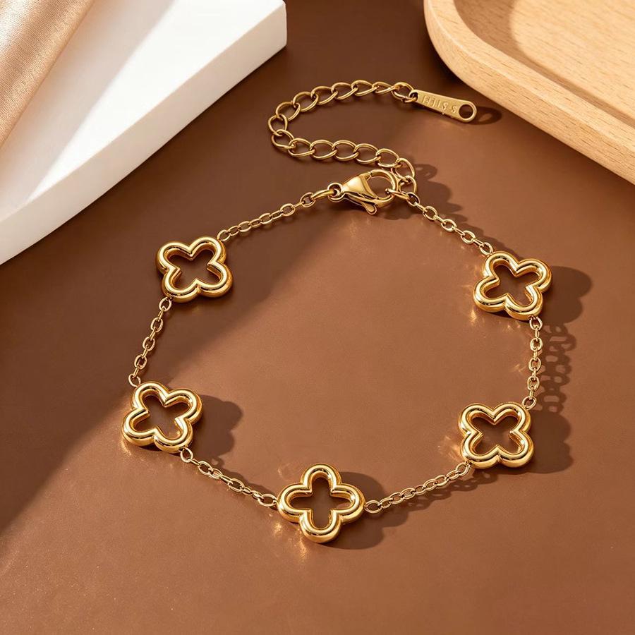 Four-Leaf Clover Diamond-Inlaid Stainless Steel Bracelet Set for Women