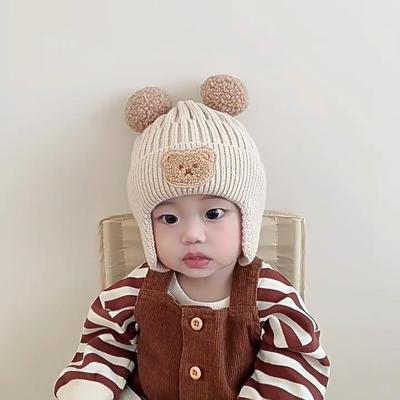 1 STÜCK Neue Niedliche Bär Baby Mütze Winter Herbst Warme Strickmützen Kleinkind Enfant Junge Mädchen Hüte Mütze Ohrenschutz Hüte