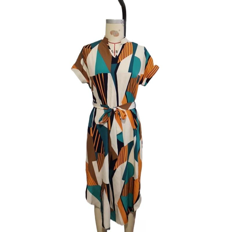 GMXIA Women's Spring/Summer Resort Style Colour Block Dresses Tie Belt Short Sleeve Midi Dresses