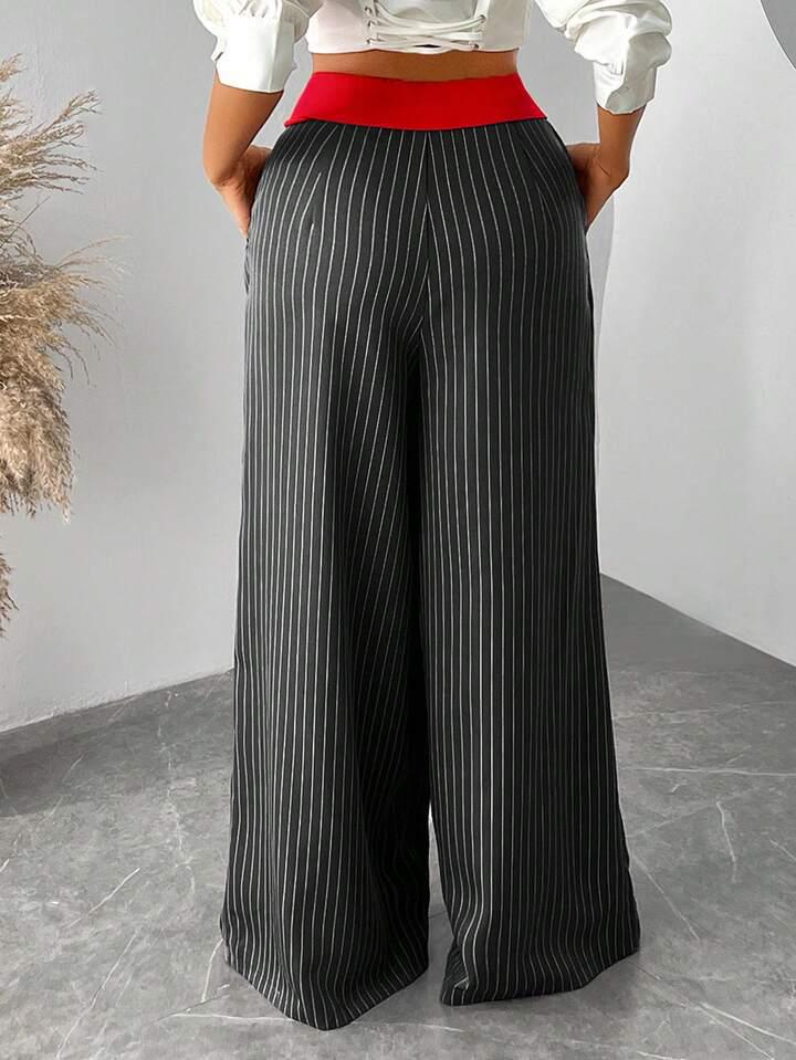 Women's Retro Pinstripe Wide-Leg Patchwork Color Block Floor-Length Pants