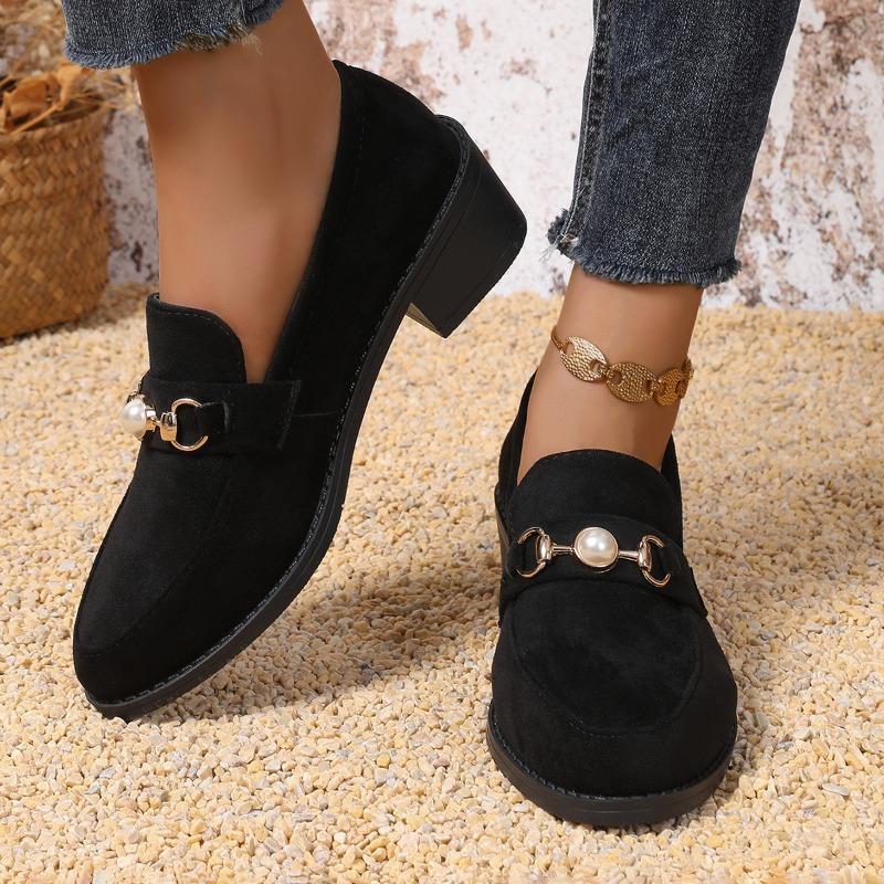 Women's Coarse Heel Shoes Autumn New Round Head Deep Mouth Pearl Suede Anti-slip Wear-resistant Low-top Shoes
