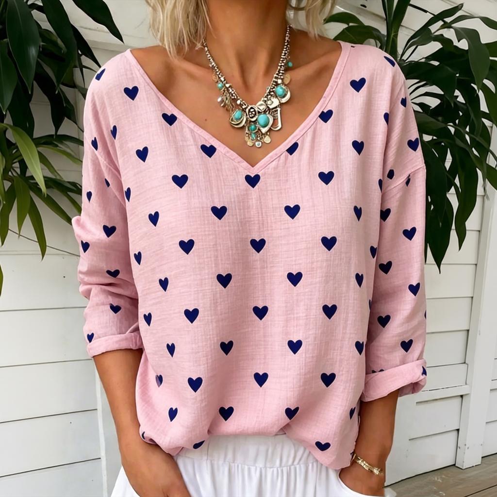 Women's Casual Loose Fit Long Sleeve V Neck Top Heart Print Cotton Linen Blouse Lightweight Breathable Comfortable Fabric