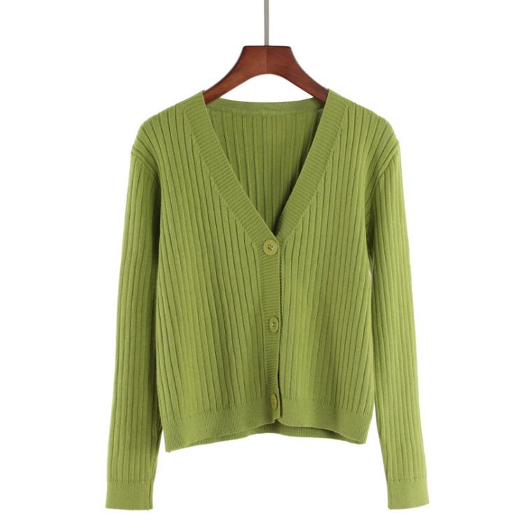 Loose and versatile V-neck knitted cardigan autumn sweater with temperament long-sleeved high-waisted short jacket tide