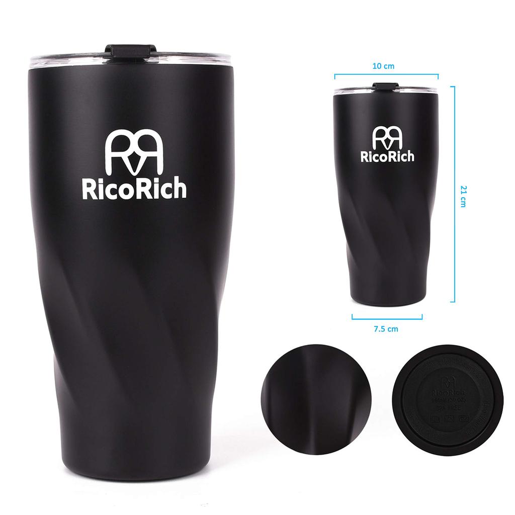 RicoRich Vacuum Insulated Tumbler with Tritan Stainless Double Black Lid, Steel, Walled, 900ml, (RRWB12-BK)