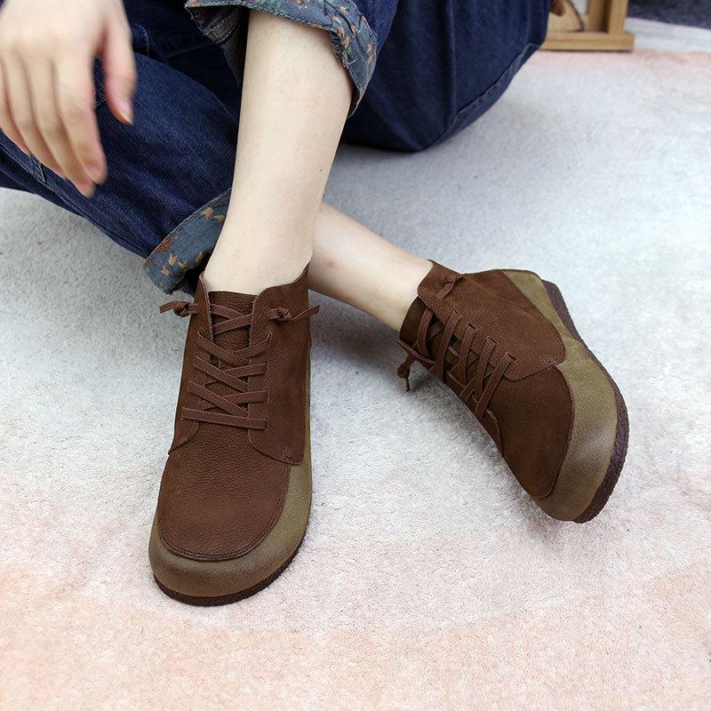 Fashion Old Soft Cowhide Women's Shoes Flat Women's Ankle Boots Lace-up Old Shoes Soft, Comfortable and Healthy Warm fluffy snow boots