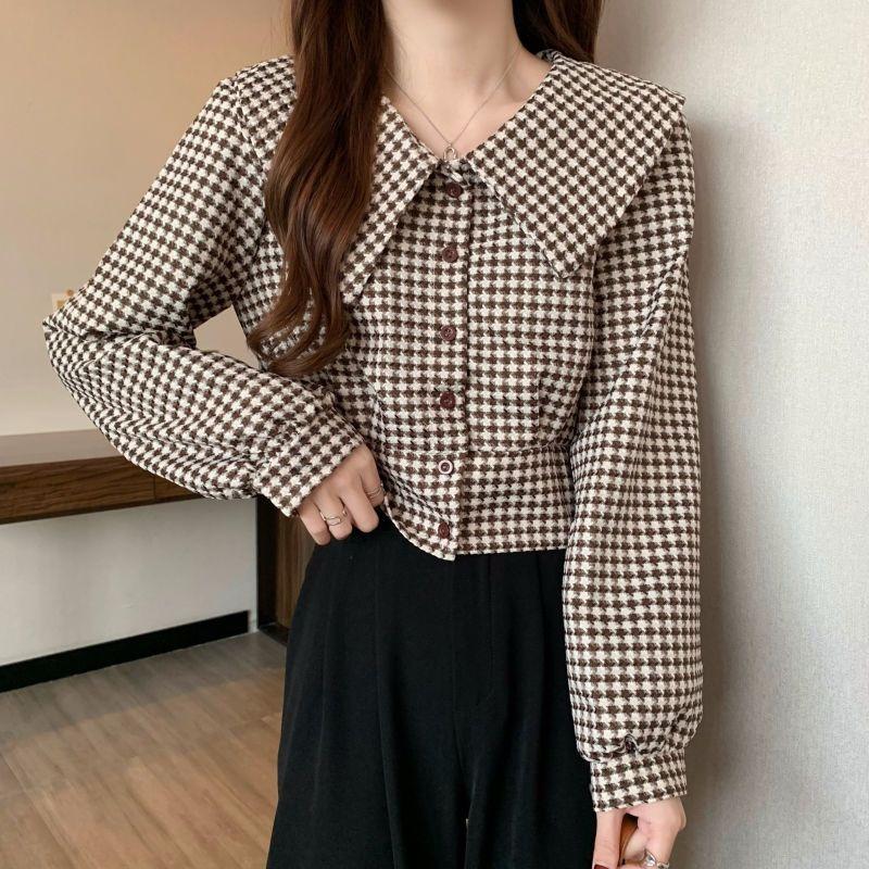 Houndstooth Doll Collar Shirt for Women Spring New Design Niche Shirt Long-sleeved Retro Short Top