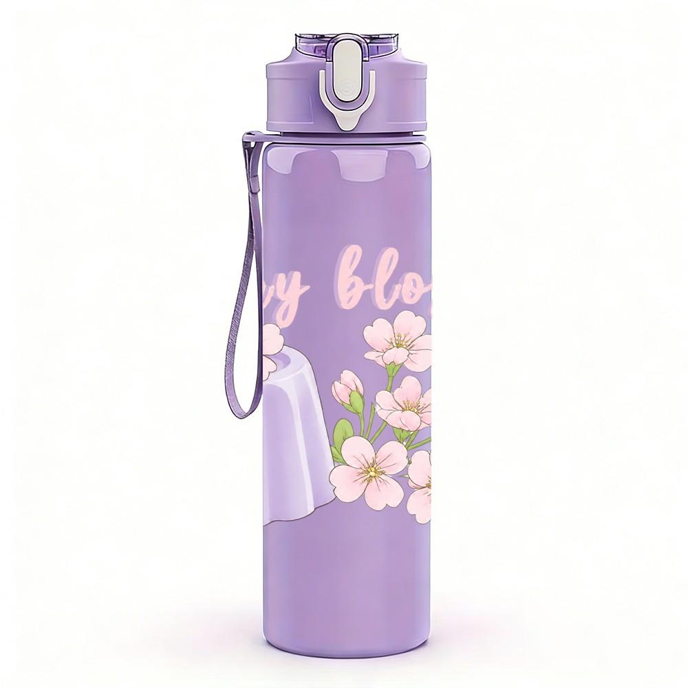 1PC Cherry Blossom Flower Vase Print 750ml Color Plastic Sports Water Bottle Leakproof Flip Straw Lid Suitable for Sports Office Home Use