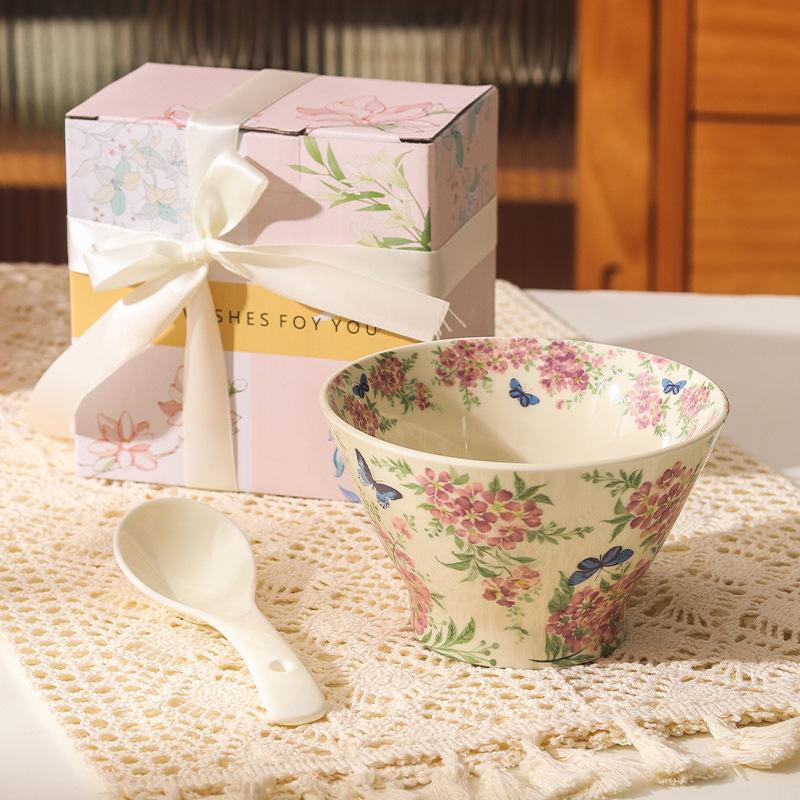 Retro Crape Myrtle Flower Ceramic Tableware Set High Value Dish Set Household Vegetable Plate Soup Plate Rice Bowl Soup Gift