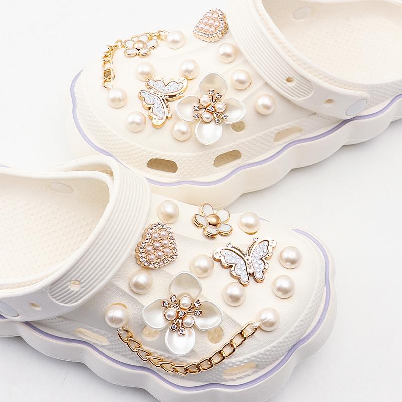 Set Diamond Butterfly Rhinestone Detachable Chain Buckle Pink Shoe Flower Set Creative DIY Pearl Shoe Charms Shoe Decoration